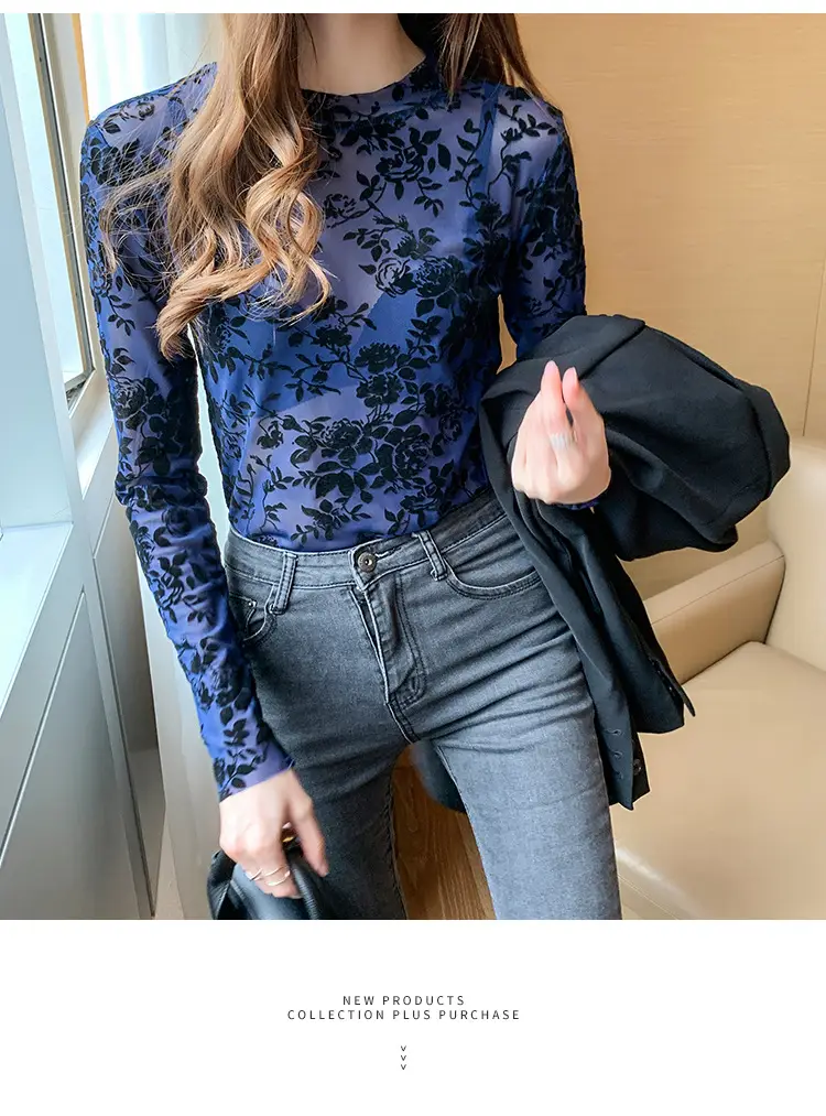 Blue Floral Long Sleeve Women's Top with Round Collar — feature 31