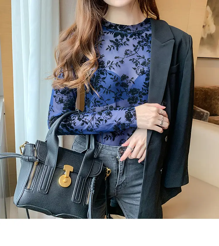 Blue Floral Long Sleeve Women's Top with Round Collar — feature 32