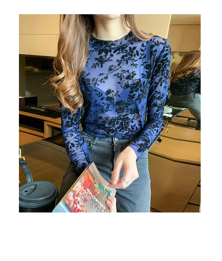 Blue Floral Long Sleeve Women's Top with Round Collar — feature 33