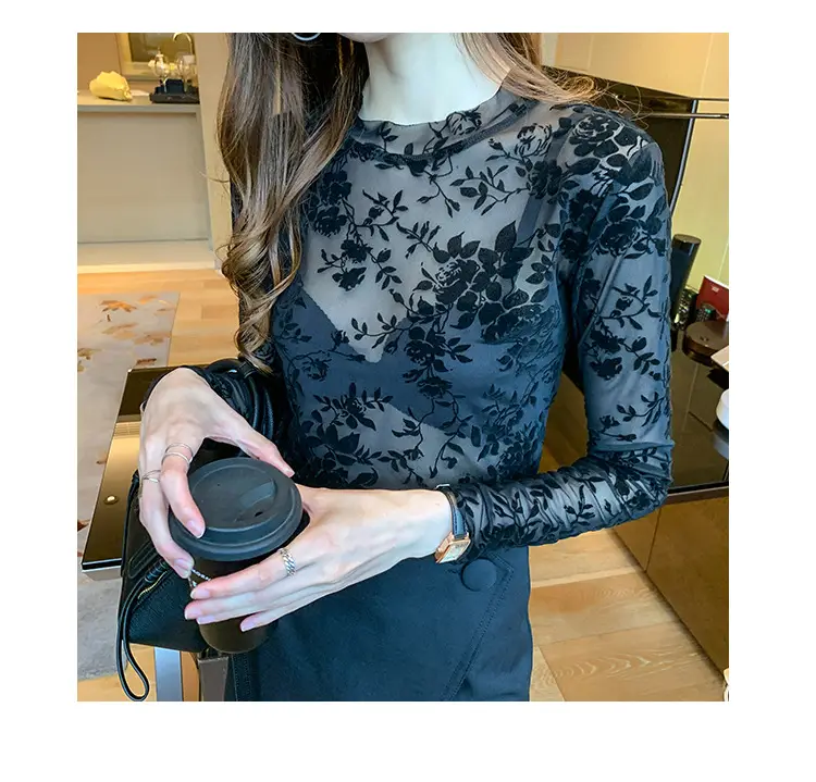 Blue Floral Long Sleeve Women's Top with Round Collar — feature 5