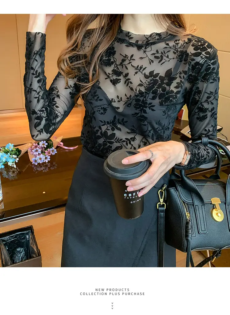 Blue Floral Long Sleeve Women's Top with Round Collar — feature 7