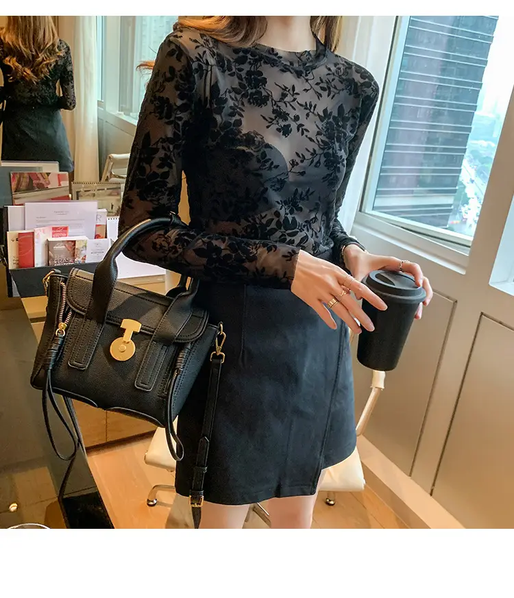 Blue Floral Long Sleeve Women's Top with Round Collar — feature 8