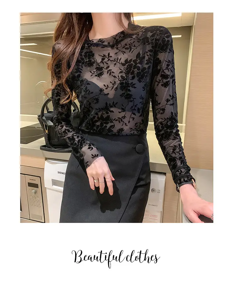 Blue Floral Long Sleeve Women's Top with Round Collar — feature 9