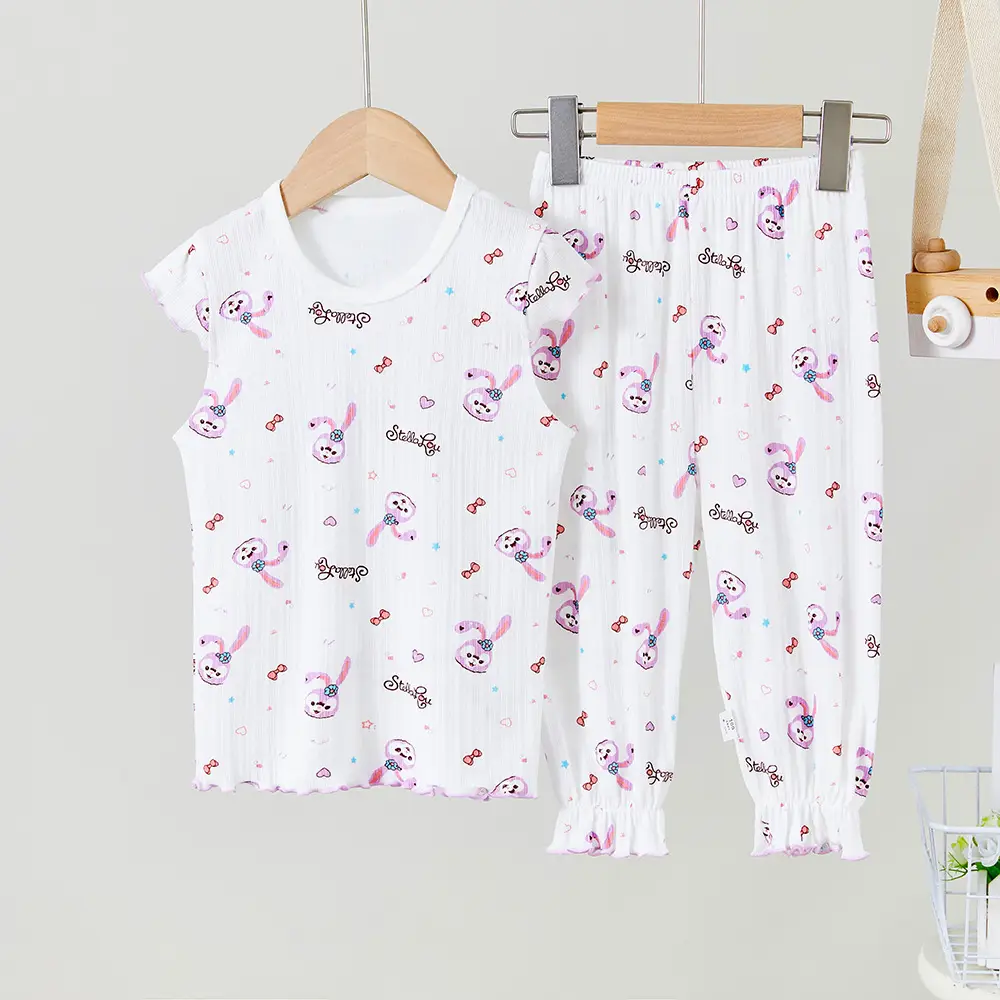 Children's Cotton Printed Pajama Set White Ruffled - Image 5