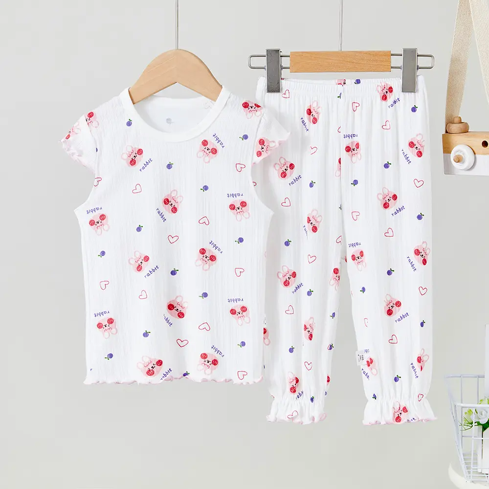 Children's Cotton Printed Pajama Set White Ruffled - Image 6