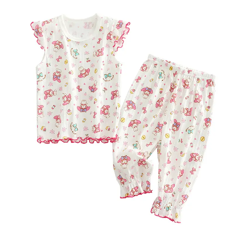 Children's Cotton Printed Pajama Set White Ruffled - Image 10