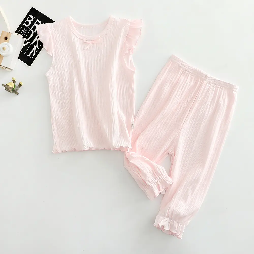 Children's Cotton Printed Pajama Set White Ruffled - Image 2