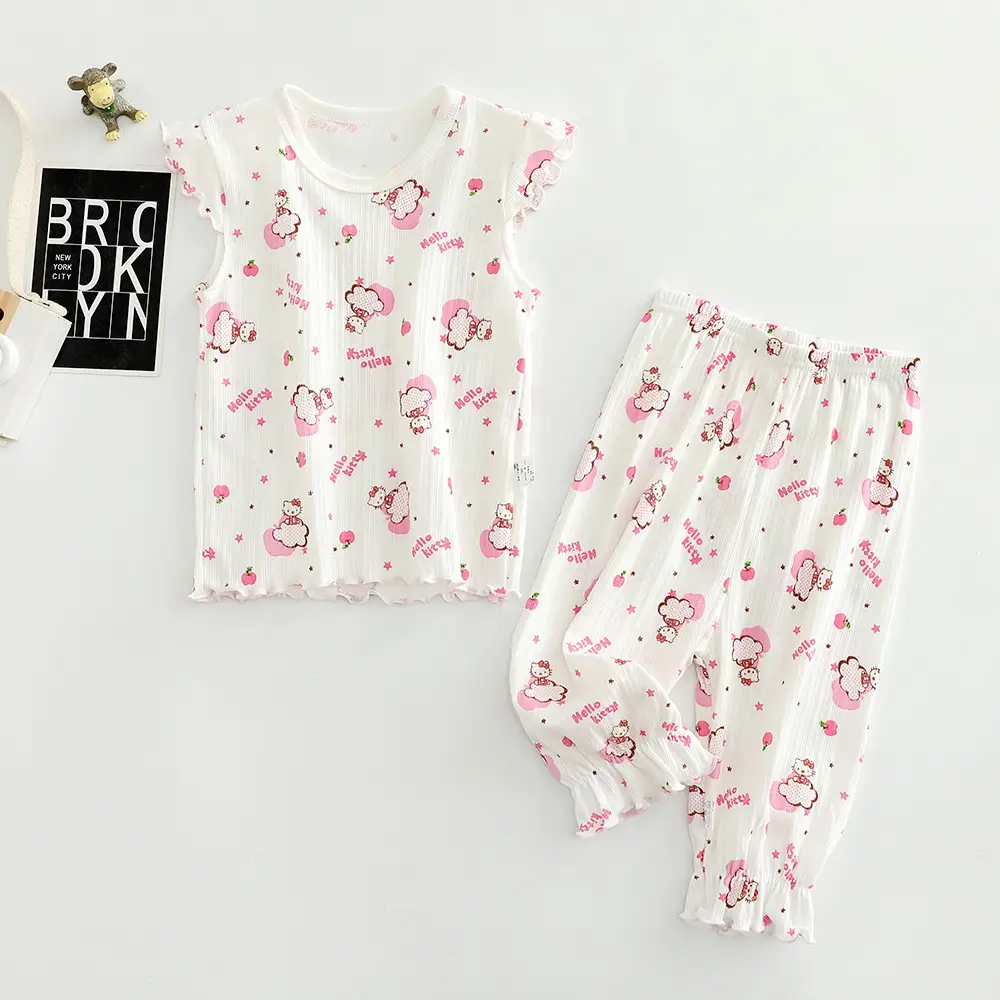 Children's Cotton Printed Pajama Set White Ruffled - Image 3