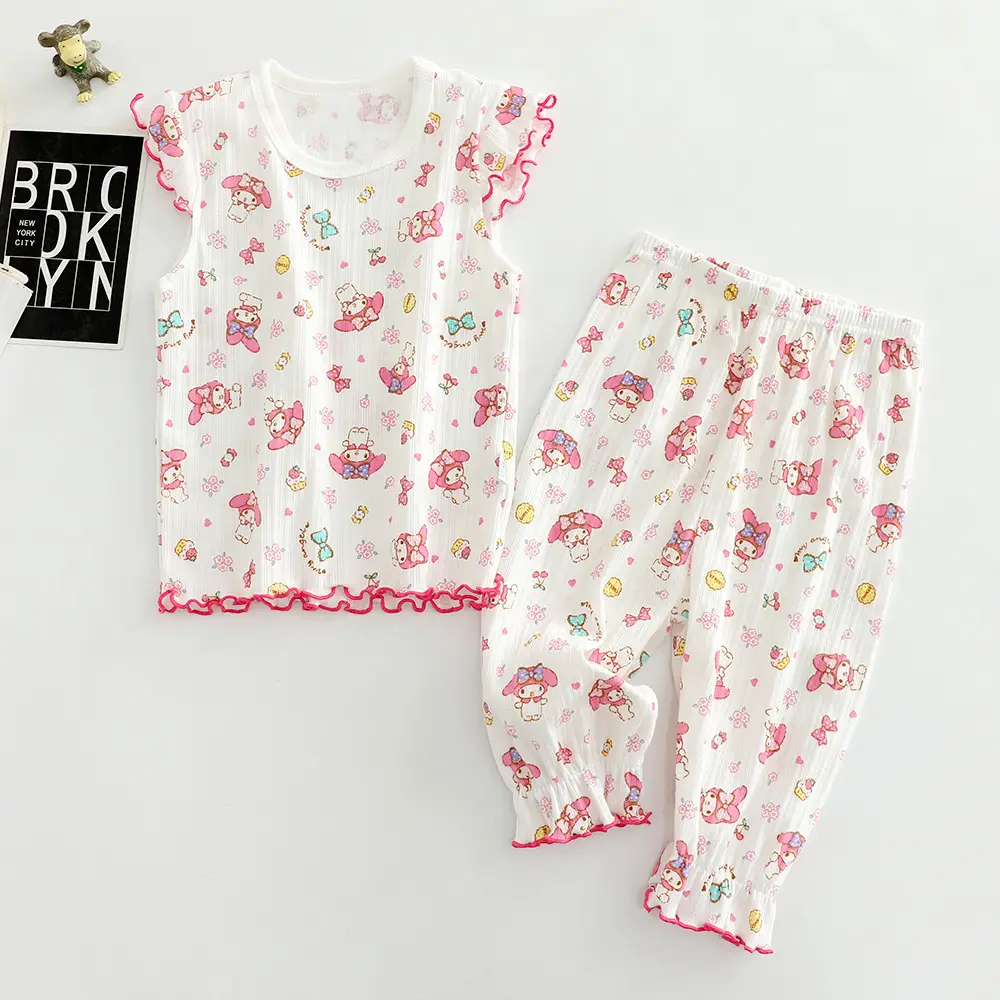 Children's Cotton Printed Pajama Set White Ruffled - Image 4