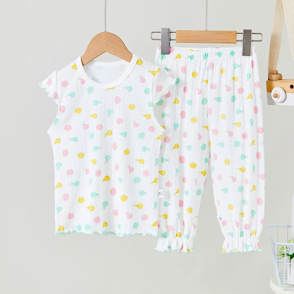 Children's Cotton Printed Pajama Set White Ruffled - Image 7