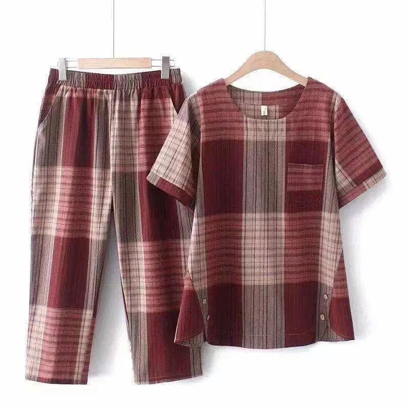 Korean Plaid Women's Summer T-Shirt Green Brown Large