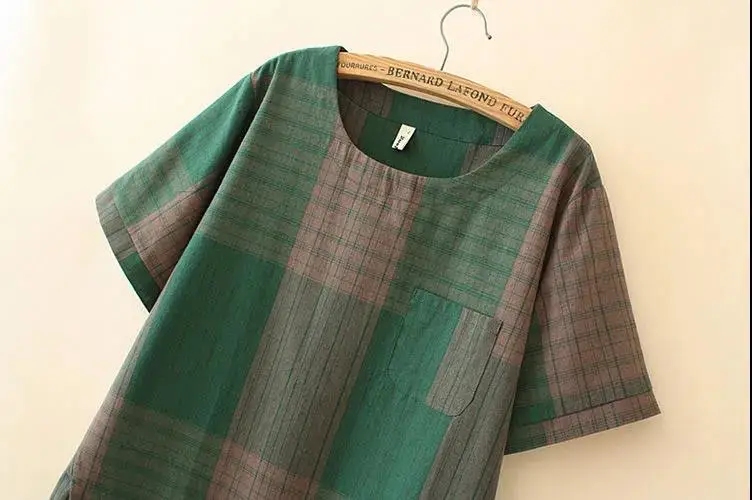 Korean Plaid Women's Summer T-Shirt Green Brown Large — feature 3