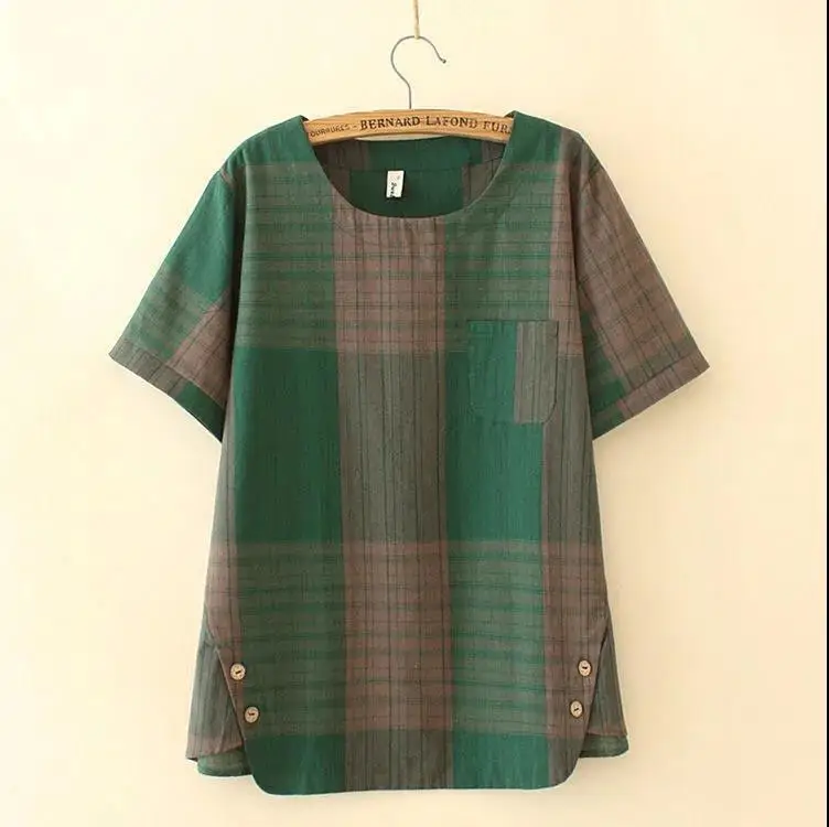 Korean Plaid Women's Summer T-Shirt Green Brown Large — feature 4