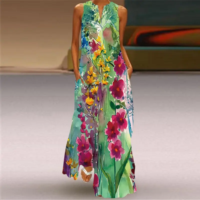 2026 V-Neck Floral Print Sleeveless Long Dress - Image 9