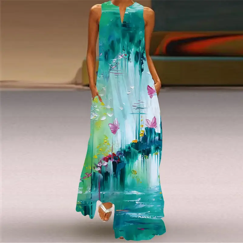 2026 V-Neck Floral Print Sleeveless Long Dress - Image 3