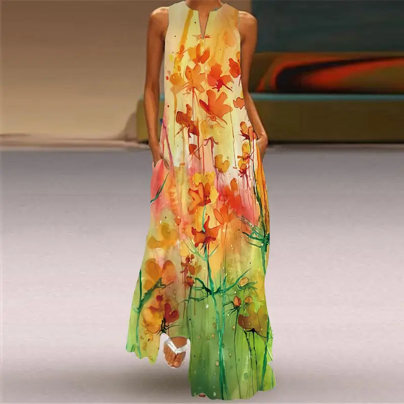 2026 V-Neck Floral Print Sleeveless Long Dress - Image 4