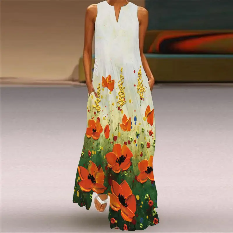 2026 V-Neck Floral Print Sleeveless Long Dress - Image 5