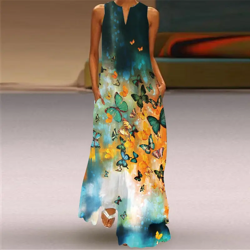 2026 Summer V-Neck Sleeveless Dress Multi-Color Butterfly Print