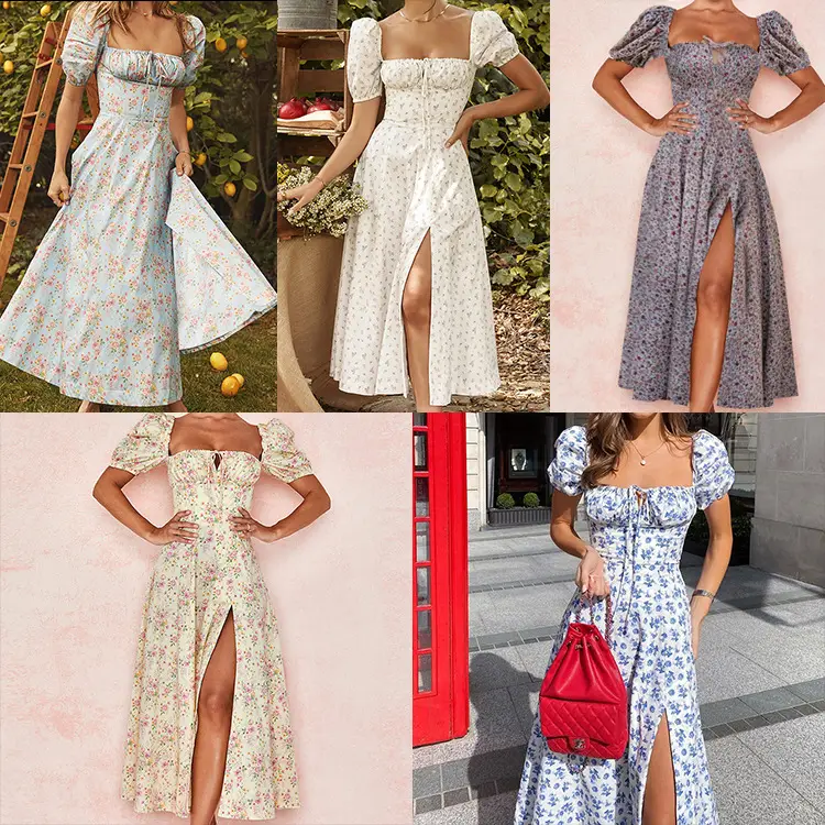 Green Floral Puff Sleeve Tie Dress for Women - Image 28