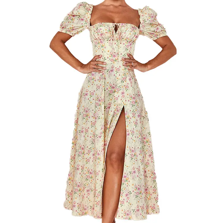 Green Floral Puff Sleeve Tie Dress for Women - Image 29