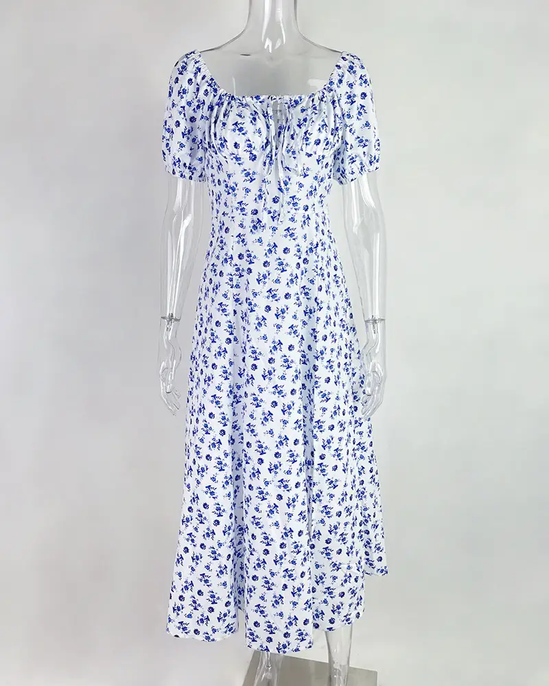 Green Floral Puff Sleeve Tie Dress for Women — feature 15