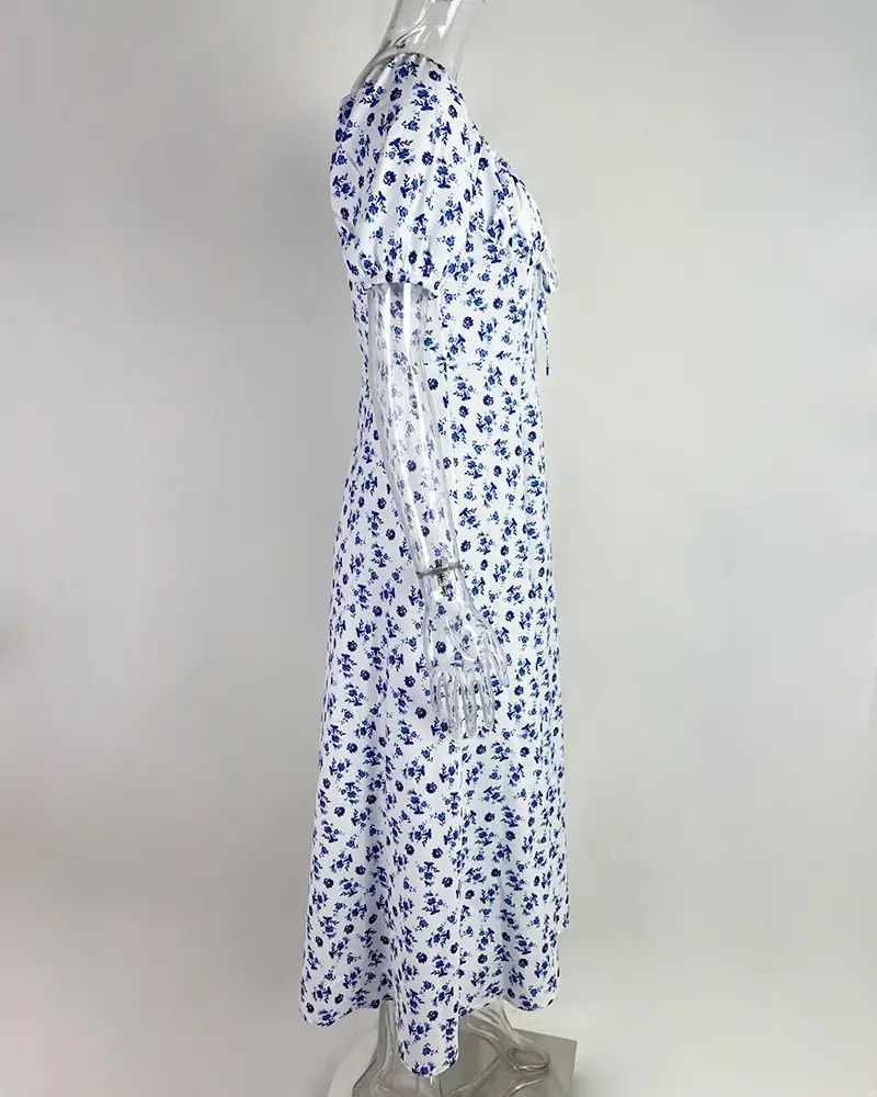 Green Floral Puff Sleeve Tie Dress for Women — feature 16