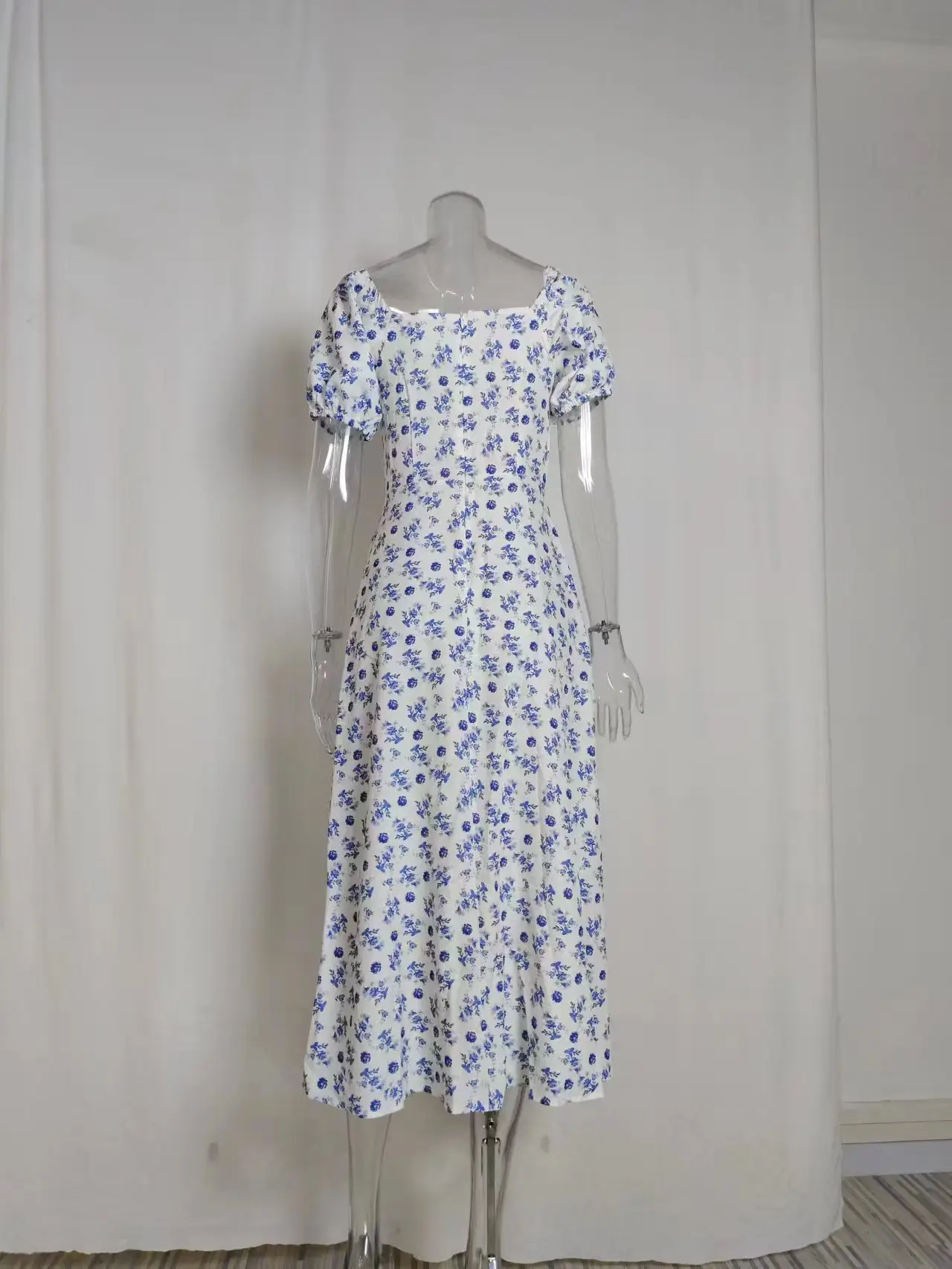 Green Floral Puff Sleeve Tie Dress for Women — feature 21