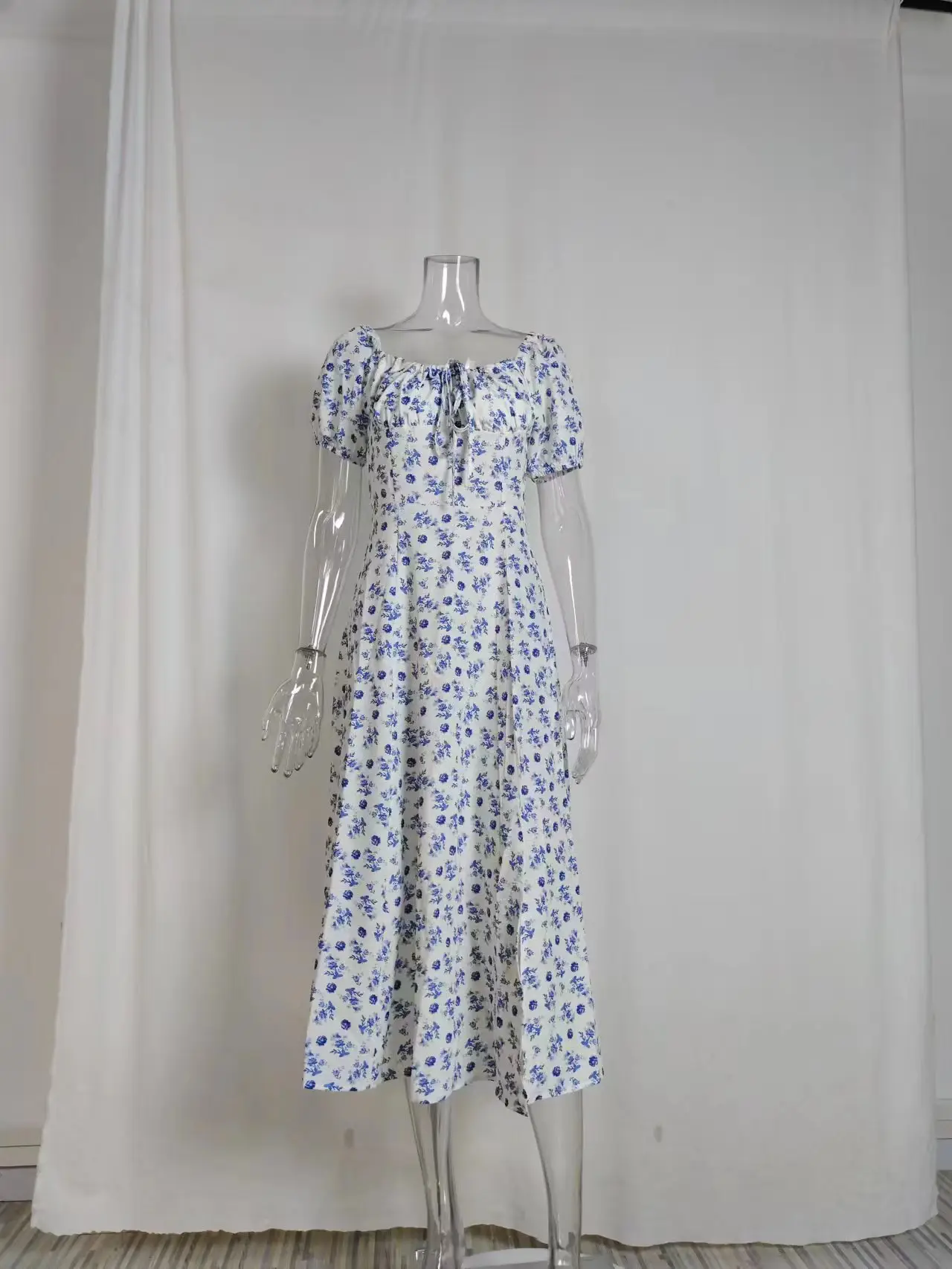 Green Floral Puff Sleeve Tie Dress for Women — feature 23
