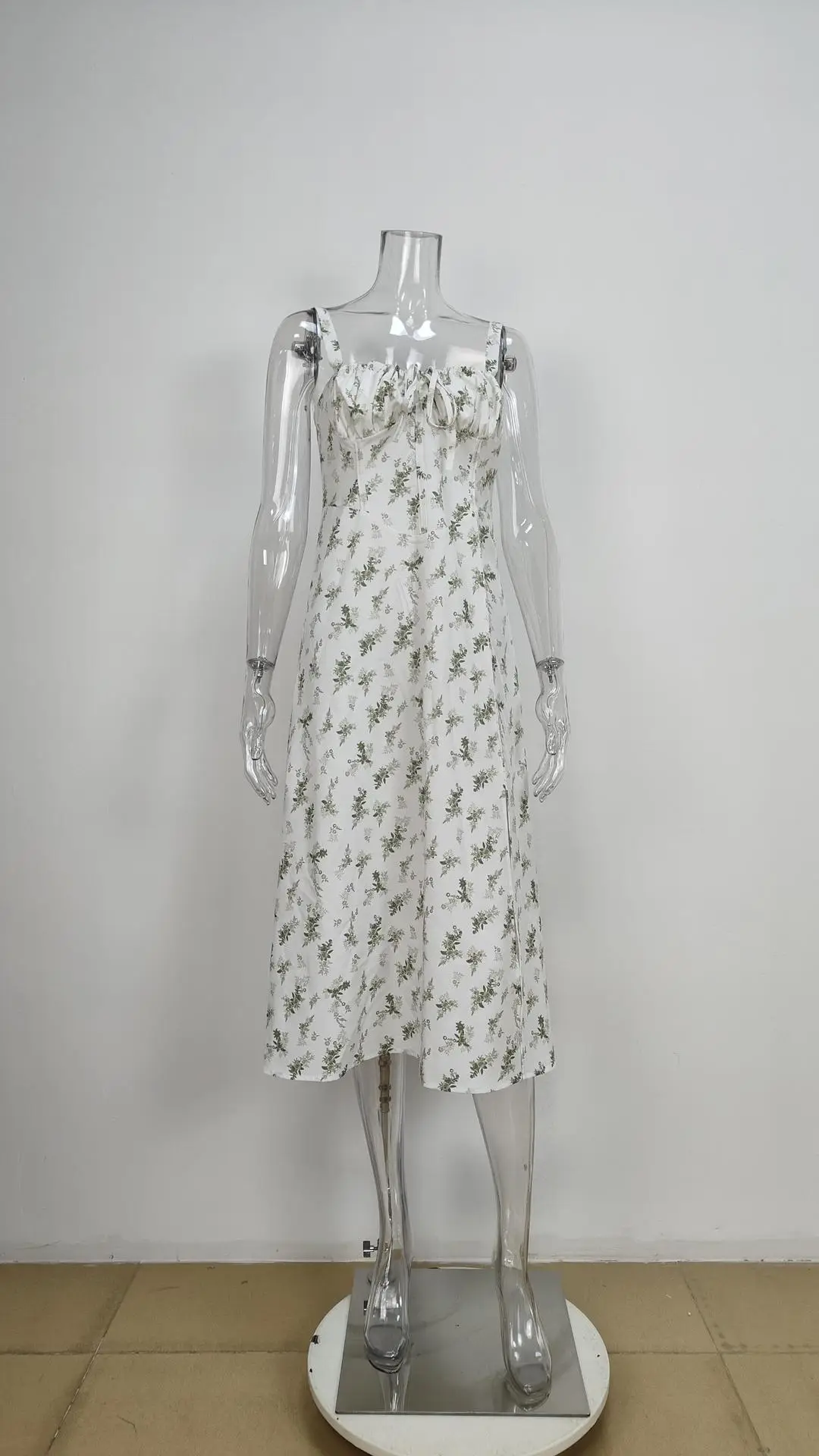 Green Floral Puff Sleeve Tie Dress for Women — feature 40