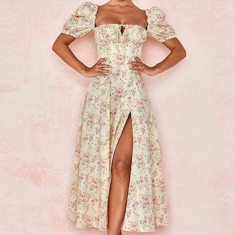 Green Floral Puff Sleeve Tie Dress for Women — feature 6