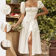 Green Floral Puff Sleeve Tie Dress for Women — feature 73