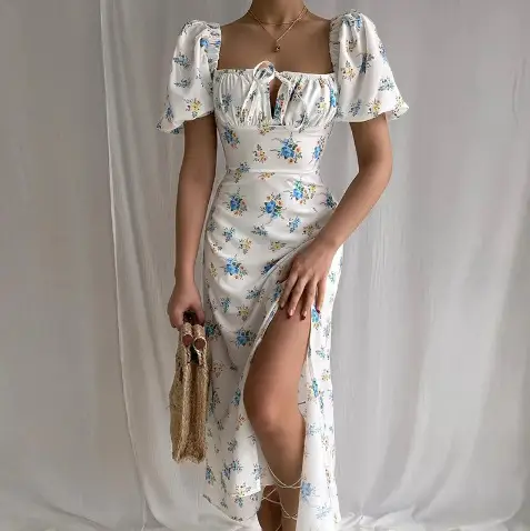 Green Floral Puff Sleeve Tie Dress for Women - Image 17