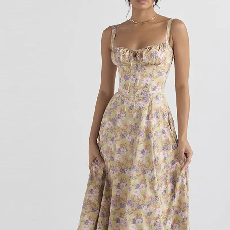Green Floral Puff Sleeve Tie Dress for Women - Image 23