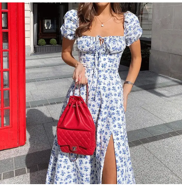 Green Floral Puff Sleeve Tie Dress for Women - Image 9