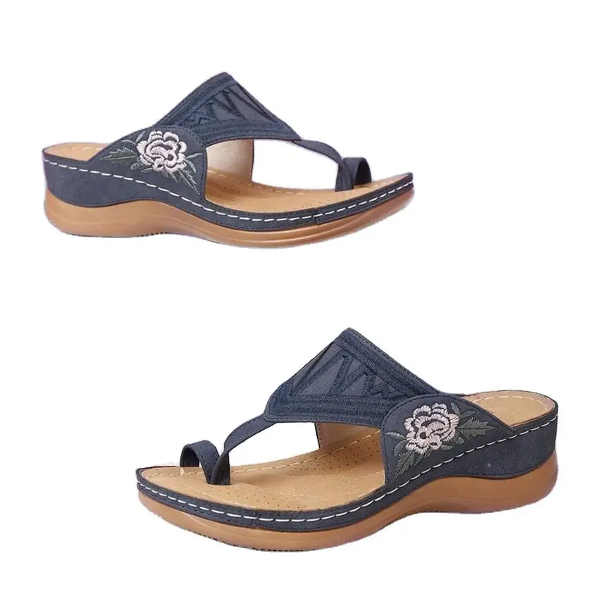 Women's Black Embroidered Flats Large Summer Sandals