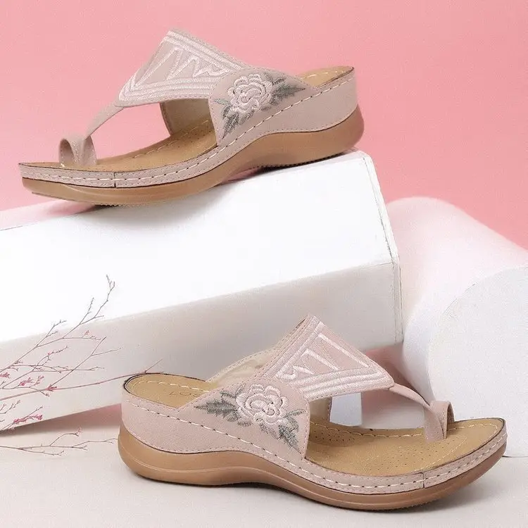 Women's Black Embroidered Flats Large Summer Sandals