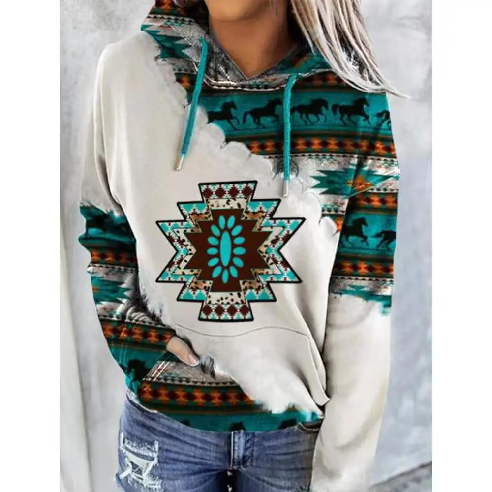 Women Western Ethnic Diamond Print Sweatshirt White Teal Brown
