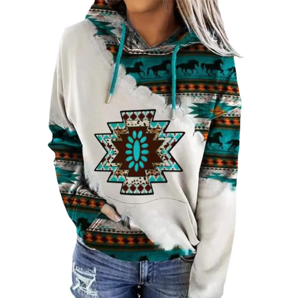Women Western Ethnic Diamond Print Sweatshirt White Teal Brown