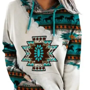 Women Western Ethnic Diamond Print Sweatshirt White Teal Brown