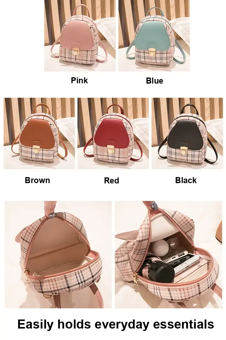 Color choices and open-bag views showing the plaid backpack interior.