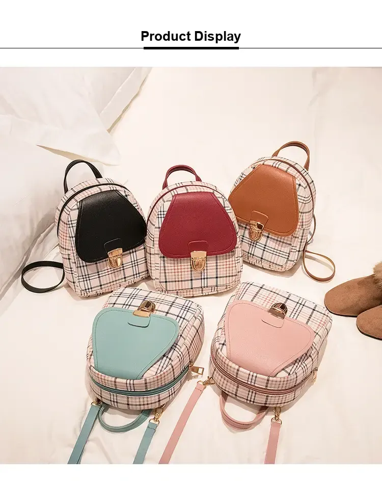 Five plaid backpacks with contrast flap panels in different colors.
