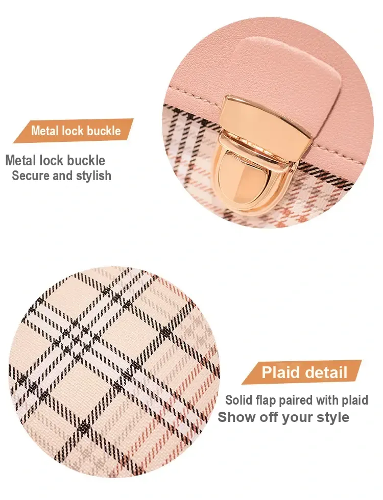 Close-up of the front metal lock-style buckle and plaid fabric.