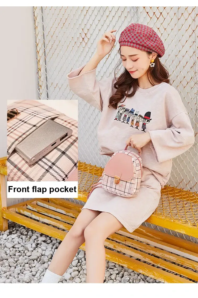 Model with pink backpack; inset shows a front pocket holding a small device.