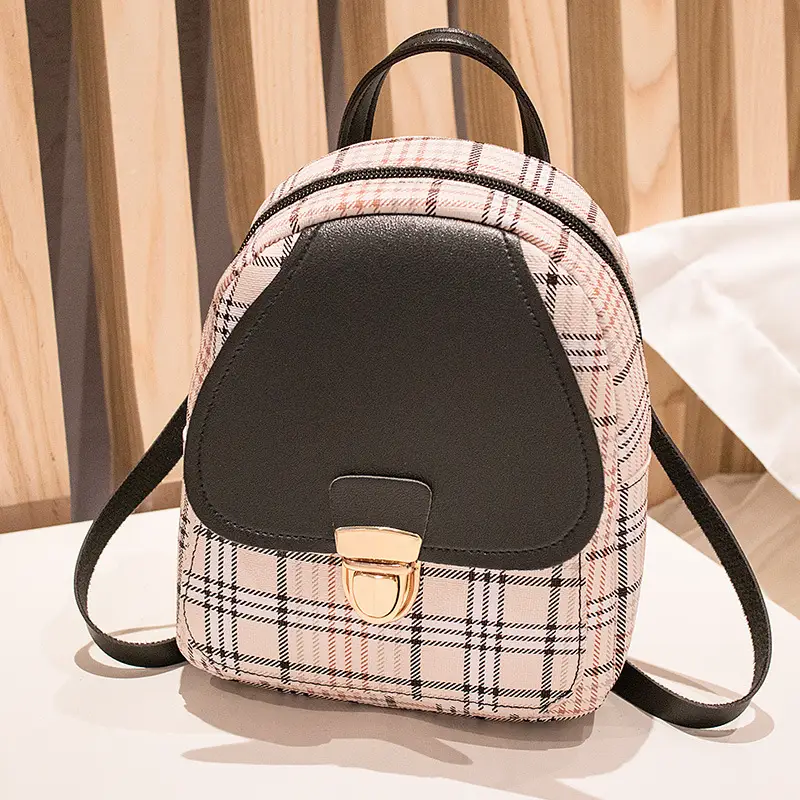 Korean Plaid Contrast Lock Buckle Shoulder Crossbody Backpack - Image 3