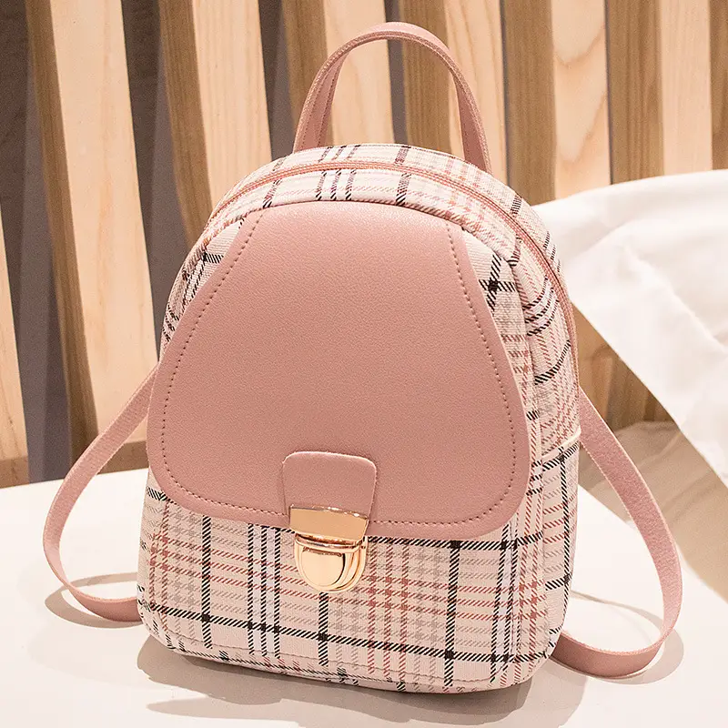 Korean Plaid Contrast Lock Buckle Shoulder Crossbody Backpack - Image 4