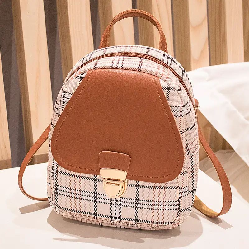 Korean Plaid Contrast Lock Buckle Shoulder Crossbody Backpack - Image 5