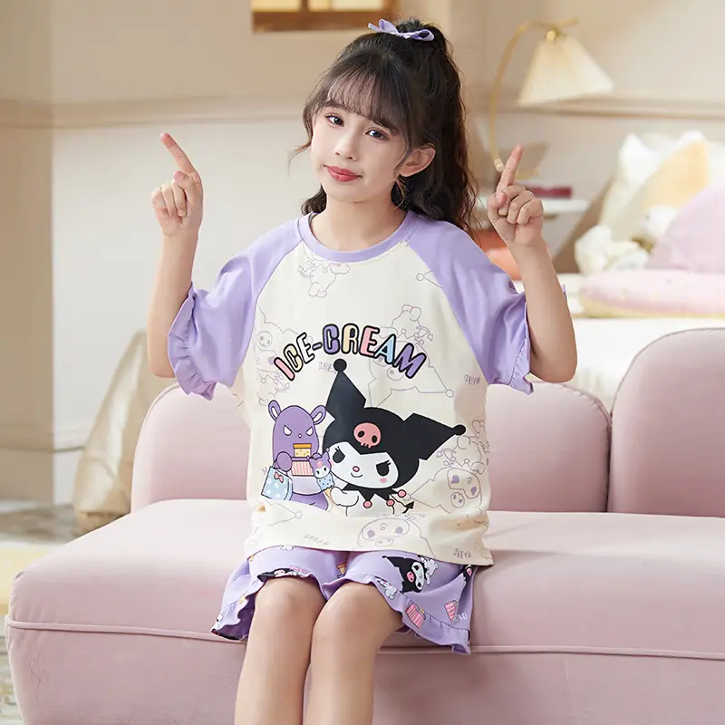 Girls Cartoon Pajamas Summer Cotton Red White Medium