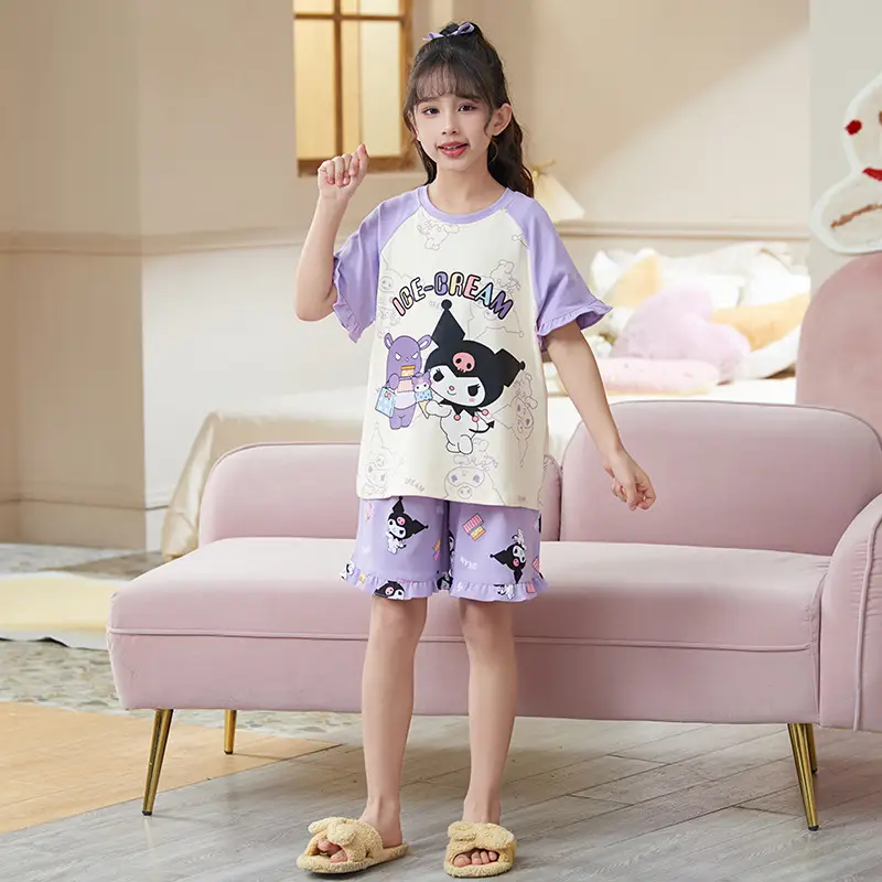 Girls Cartoon Pajamas Summer Cotton Red White Medium