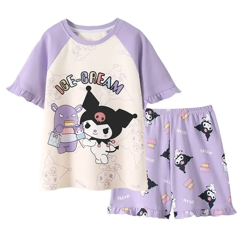Girls Cartoon Pajamas Summer Cotton Red White Medium
