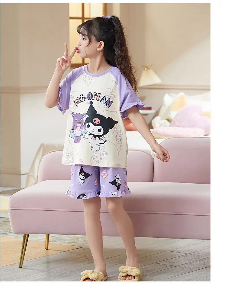 Girls Cartoon Pajamas Summer Cotton Red White Medium — feature 10